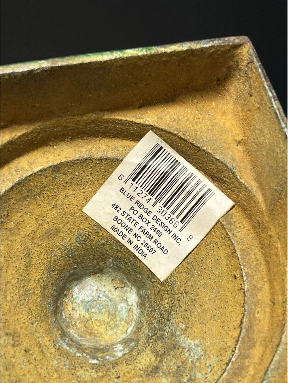 Blue Ridge Design 1980s Brass Enamel Verdigris Trumpet Urn Vase, 8x14”